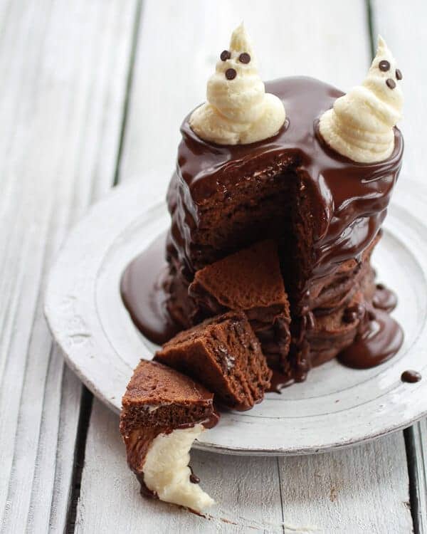 Chocolate Lovers Pumpkin Fudge Brownie Pancakes with Chocolate Kahlua Sauce | halfbakedharvest.com 