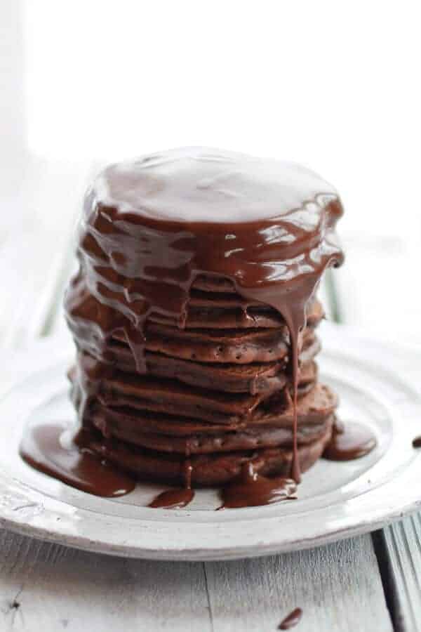 Chocolate Lovers Pumpkin Fudge Brownie Pancakes with Chocolate Kahlua Sauce | halfbakedharvest.com 