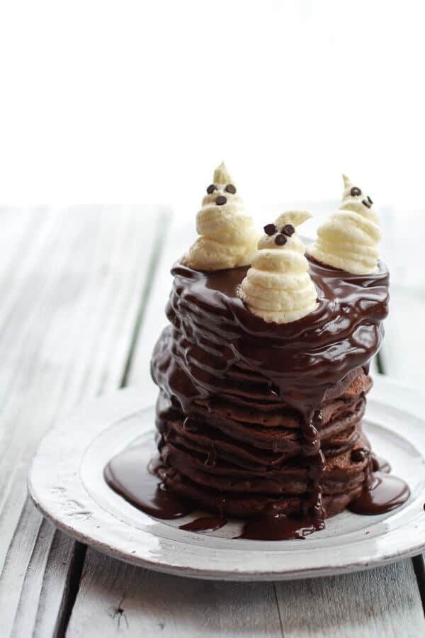 Chocolate Lovers Pumpkin Fudge Brownie Pancakes with Chocolate Kahlua Sauce | halfbakedharvest.com 