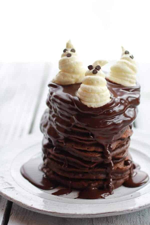 Chocolate Lovers Pumpkin Fudge Brownie Pancakes with Chocolate Kahlua Sauce | halfbakedharvest.com 