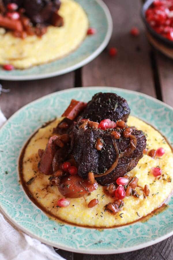 Crockpot Sweet and Sour Pomegranate Short Ribs with Creamy Polenta | halfbakedharvest.com