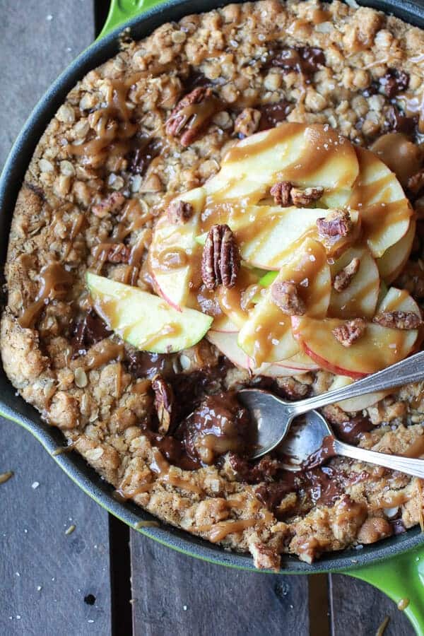 Oatmeal Chocolate Chunk Salted Coffee Caramel Apple Skillet Cookie | .halfbakedharvest.com