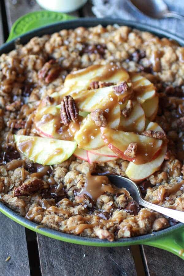 Oatmeal Chocolate Chunk Salted Coffee Caramel Apple Skillet Cookie | .halfbakedharvest.com