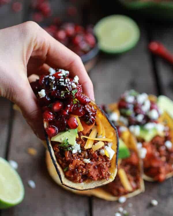 Chipotle Quinoa Sweet Potato Tacos with Roasted Cranberry Pomegranate Salsa | halfbakedharvest.com