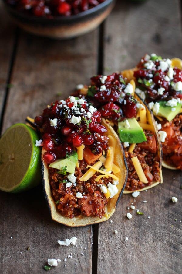 Chipotle Quinoa Sweet Potato Tacos with Roasted Cranberry Pomegranate Salsa | halfbakedharvest.com