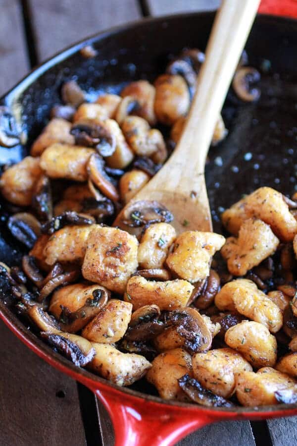 Crispy Brown Butter Sweet Potato Gnocchi with Balsamic Caramelized Mushrooms + Goat Cheese | halfbakedharvest.com