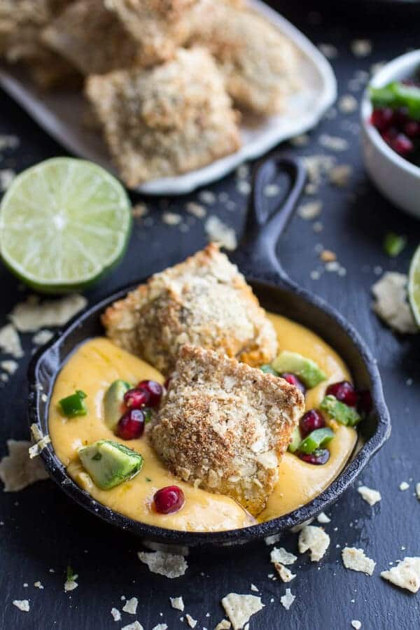 Tortilla Chip Crusted Oven-Fried Ravioli with Spicy Fontina Queso Fundido | halfbakedharvest.com