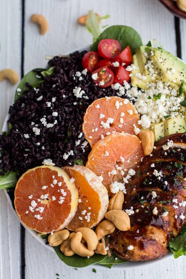 Black Rice Salad Bowls with Chipotle Orange Chicken, Cashews + Feta | halfbakedharvest.com