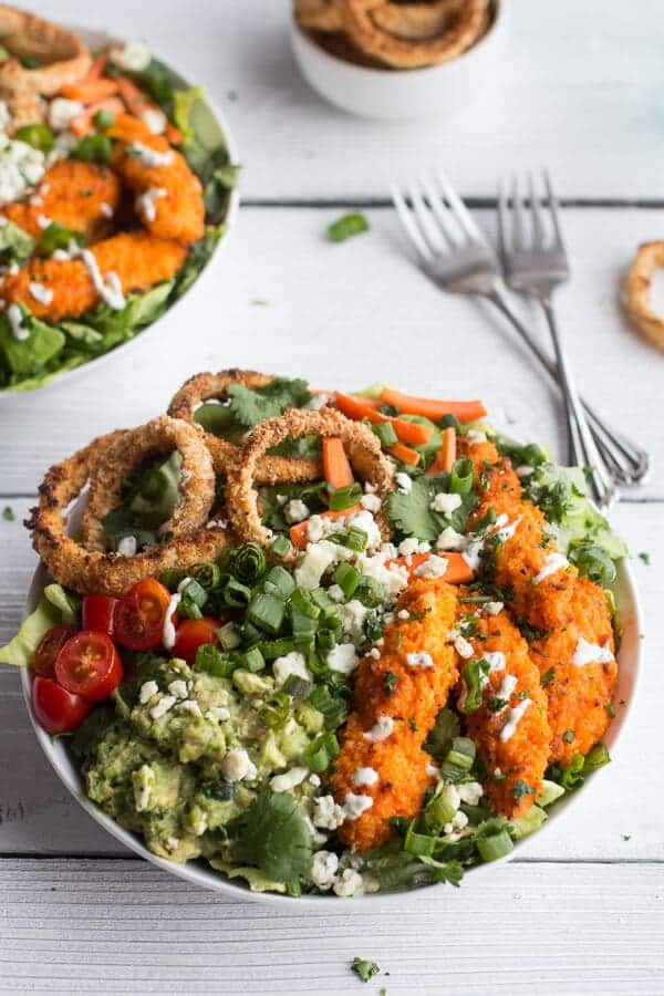 Buffalo Chicken + Blue Cheese Guacamole and Crunchy Baked Onion Ring Salad | halfbakedharvest.com