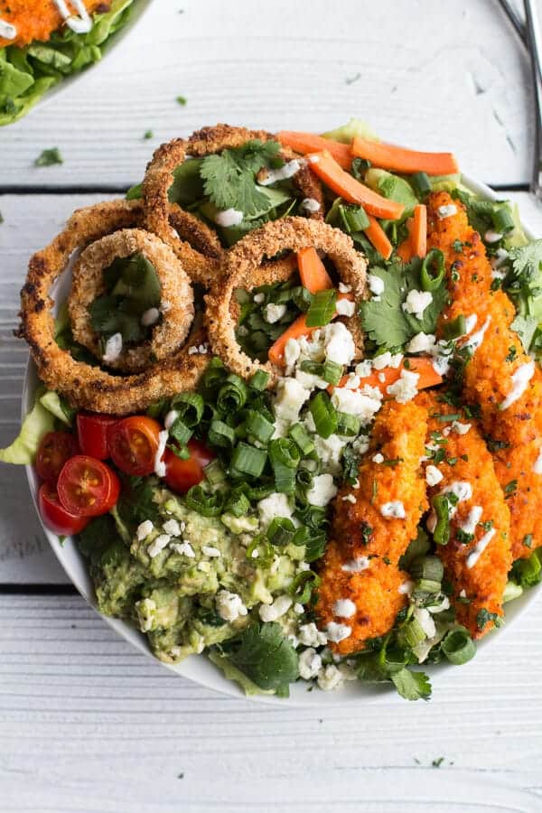 Buffalo Chicken + Blue Cheese Guacamole and Crunchy Baked Onion Ring Salad | halfbakedharvest.com