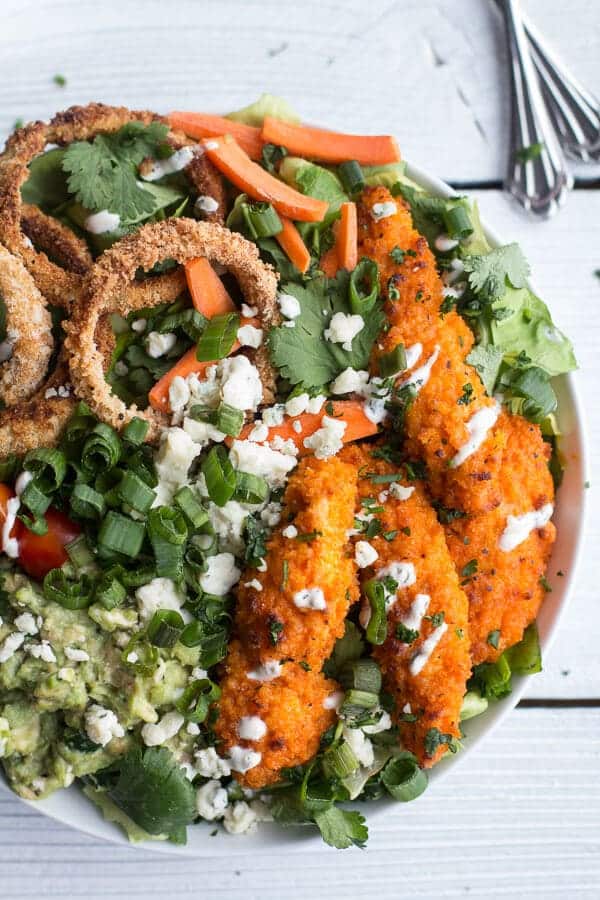 Buffalo Chicken + Blue Cheese Guacamole and Crunchy Baked Onion Ring Salad | halfbakedharvest.com