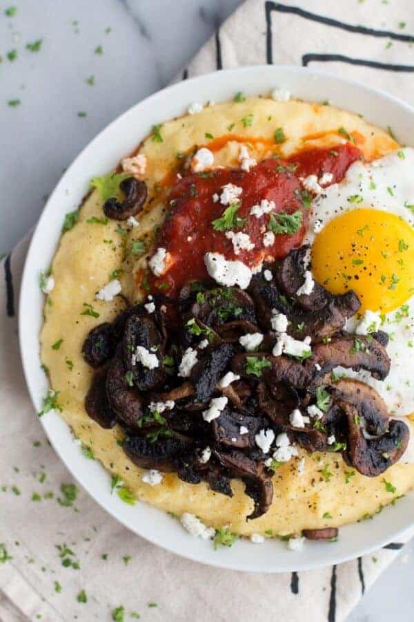 Polenta with Caramelized Mushrooms, Marinara + Fried Eggs and Goat Cheese | halfbakedharvest.com