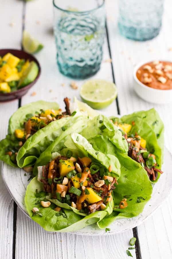 Crockpot Curried Thai Short Rib Lettuce Wraps with Peanut Sauce + Mango Salsa | halfbakedharvest.com