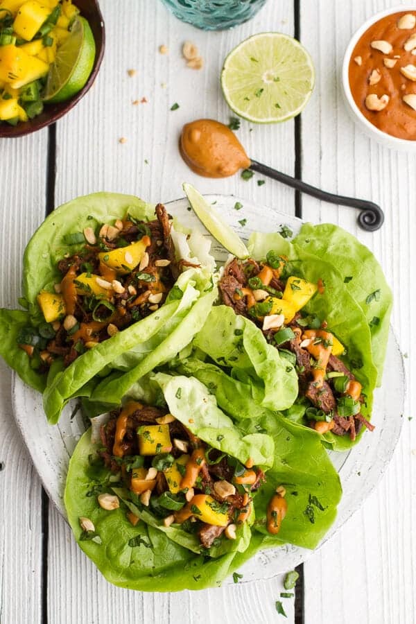 Crockpot Curried Thai Short Rib Lettuce Wraps with Peanut Sauce + Mango Salsa | halfbakedharvest.com