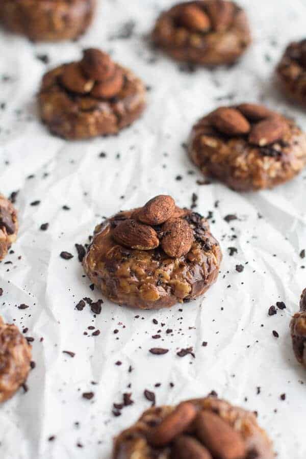 Dark Chocolate Covered Coffee Roasted Almond and Peanut Butter Oatmeal Bites | halfbakedharvest.com