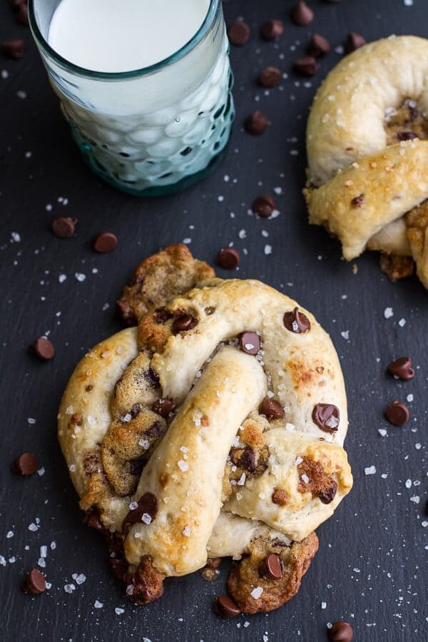 Warm Chocolate Chip Cookie stuffed Soft Pretzels | halfbakedharvest.com