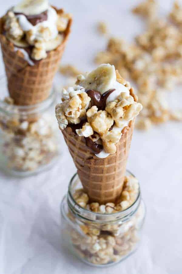 Banoffee + Nutella Greek Yogurt Waffle Cone Parfaits with Cashew Caramel Popcorn | halfbakedharvest.com