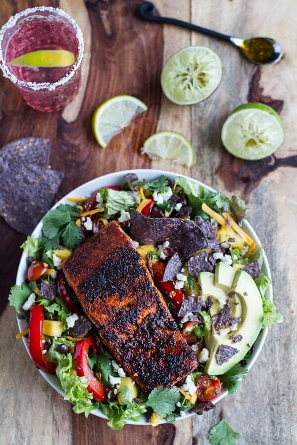 Chile Lime Salmon Fajita Salad with Cilantro Lime Vinaigrette | halfbakedharvest.com