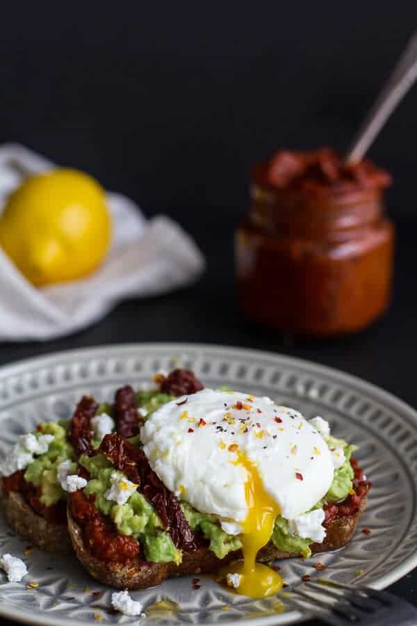 Harissa, Smashed Avocado + Egg Toast with Goat Cheese and Honey Drizzle | halfbakedharvest.com