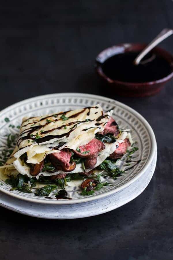 Steak, Spinach and Mushroom Crepes with Balsamic Glaze | halfbakedharvest.com