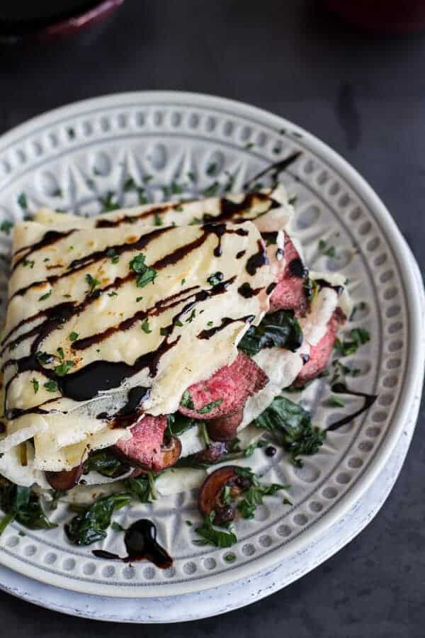Steak, Spinach and Mushroom Crepes with Balsamic Glaze | halfbakedharvest.com