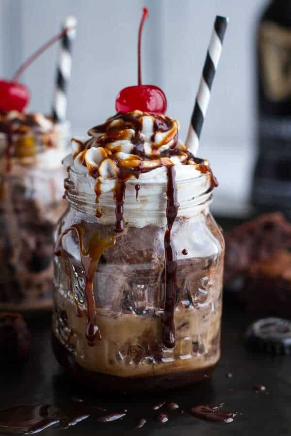 Mini Chocolate Stout Brownie Sundae Floats with Burnt Irish Caramel + Hot Fudge | halfbakedharvest.com