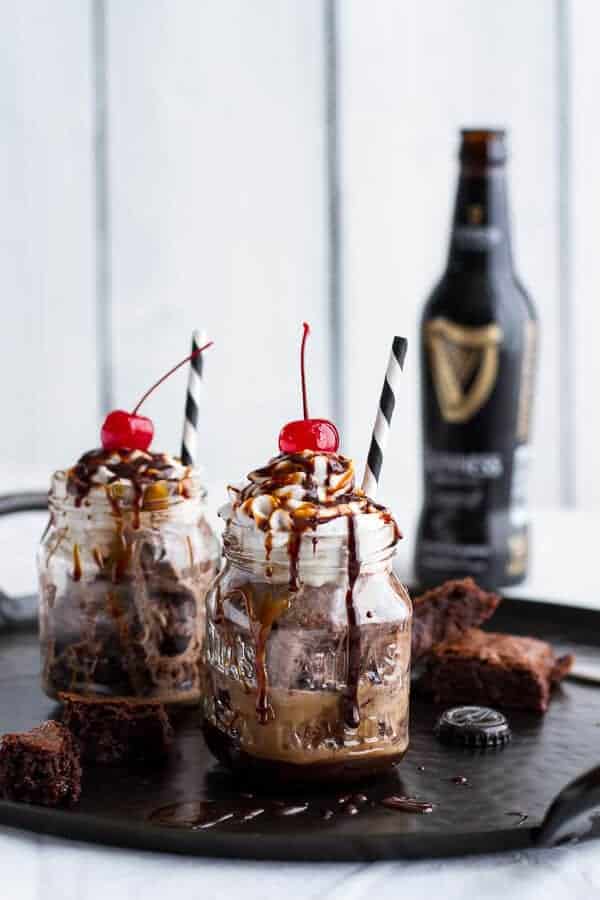Mini Chocolate Stout Brownie Sundae Floats with Burnt Irish Caramel + Hot Fudge | halfbakedharvest.com