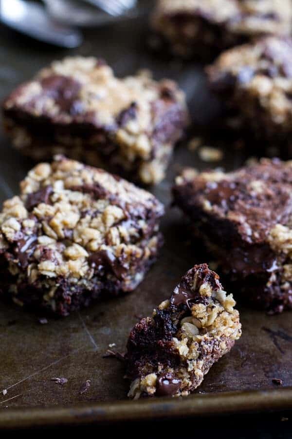 Oatmeal Chocolate Chunk Cookie Peanut Butter Swirled Brownies | halfbakedharvest.com