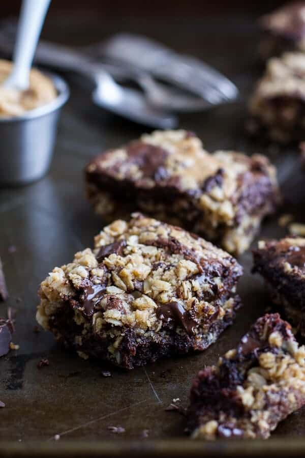 Oatmeal Chocolate Chunk Cookie Peanut Butter Swirled Brownies | halfbakedharvest.com