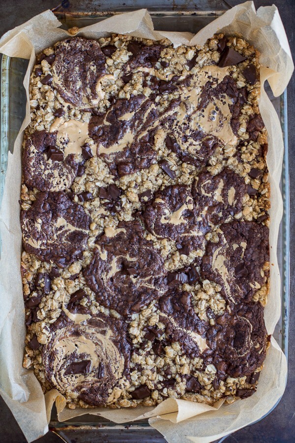 Oatmeal Chocolate Chunk Cookie Peanut Butter Swirled Brownies | halfbakedharvest.com
