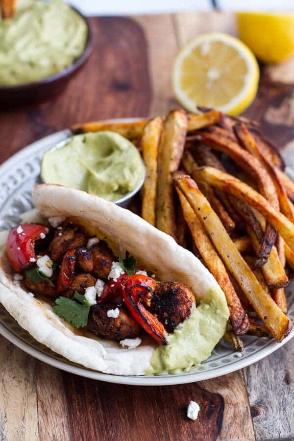 Shish Tawook (Grilled Chicken Skewers) wirth Roasted Garlic Avocado Mayo | halfbakedharvest.com