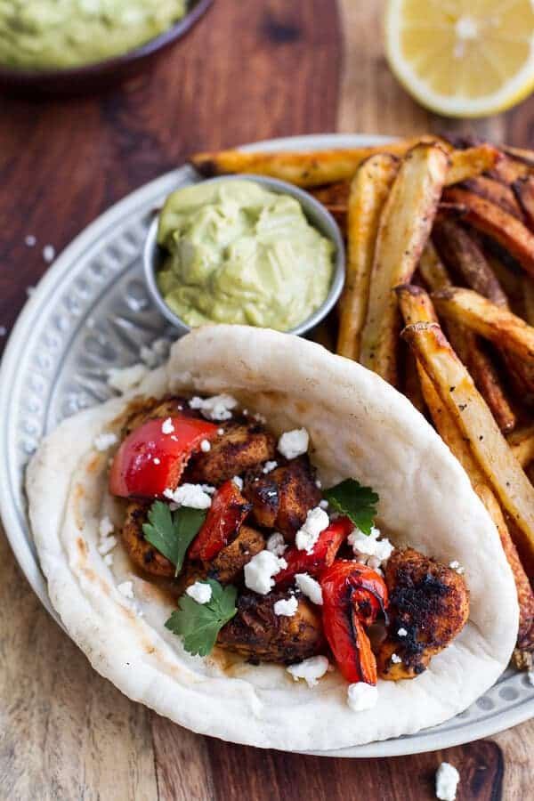 Shish Tawook (Grilled Chicken Skewers) wirth Roasted Garlic Avocado Mayo | halfbakedharvest.com