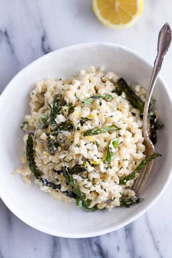 Simple Lemony Feta and Mascarpone Pasta with Grilled Asparagus | Simple Lemony Feta and Mascarpone Pasta with Grilled Asparagus | halfbakedharvest.com