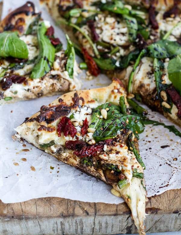 Spring Time Mushroom + Asparagus White Burrata Cheese Pizza with Balsamic Drizzle | halfbakedharvest.com