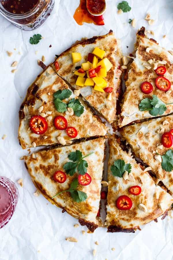 Sweet Thai Chili Salmon Quesadillas with Spicy Mango | halfbakedharvest.com