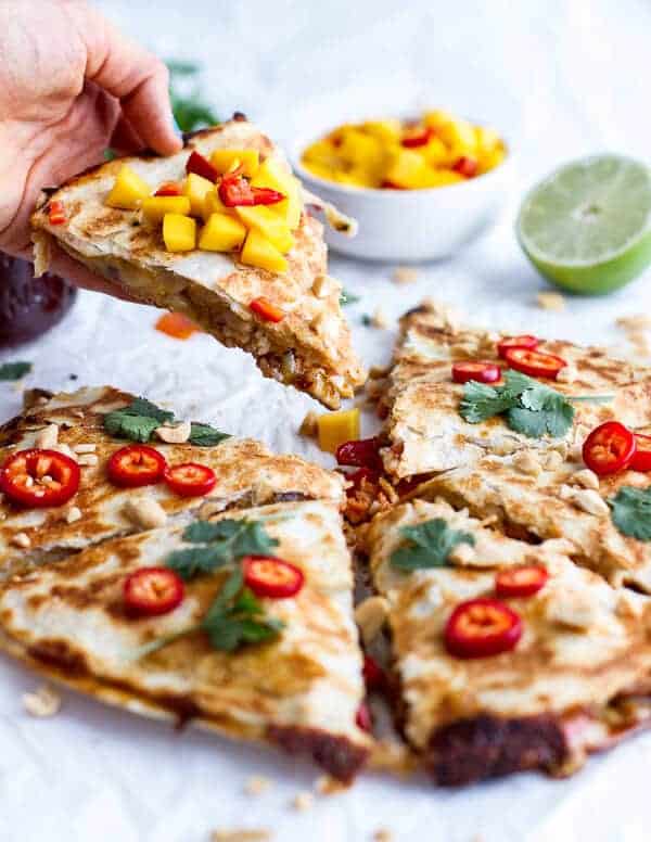 Sweet Thai Chili Salmon Quesadillas with Spicy Mango | halfbakedharvest.com