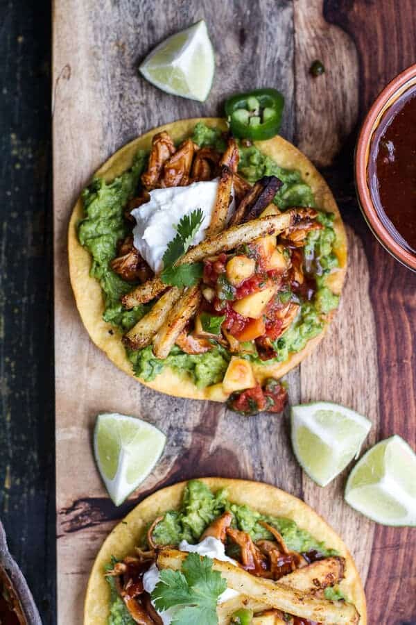 BBQ Margarita Chicken Tostadas with Sweet Jalapeño Margarita Salsa | halfbakedharvest.com