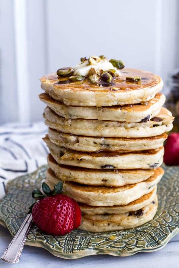 Chocolate Chip Lemon Baklava Pancakes with Salted Vanilla Honey Syrup | halfbakedharvest.com