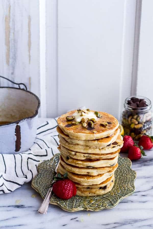 Chocolate Chip Lemon Baklava Pancakes with Salted Vanilla Honey Syrup | halfbakedharvest.com