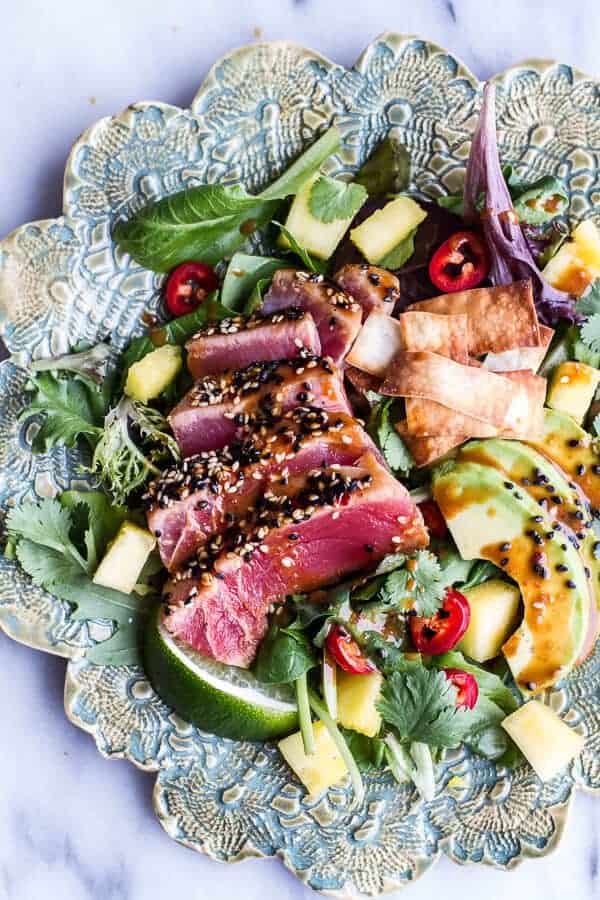 Seared Ahi Tuna Poke Salad with Hula Ginger vinaigrette + Wonton Crisps | halfbakedharvest.com