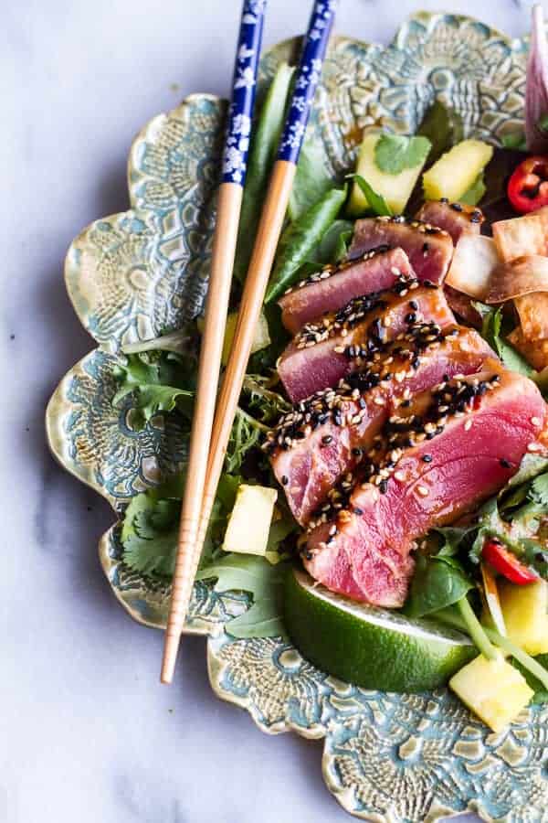Seared Ahi Tuna Poke Salad with Hula Ginger vinaigrette + Wonton Crisps | halfbakedharvest.com