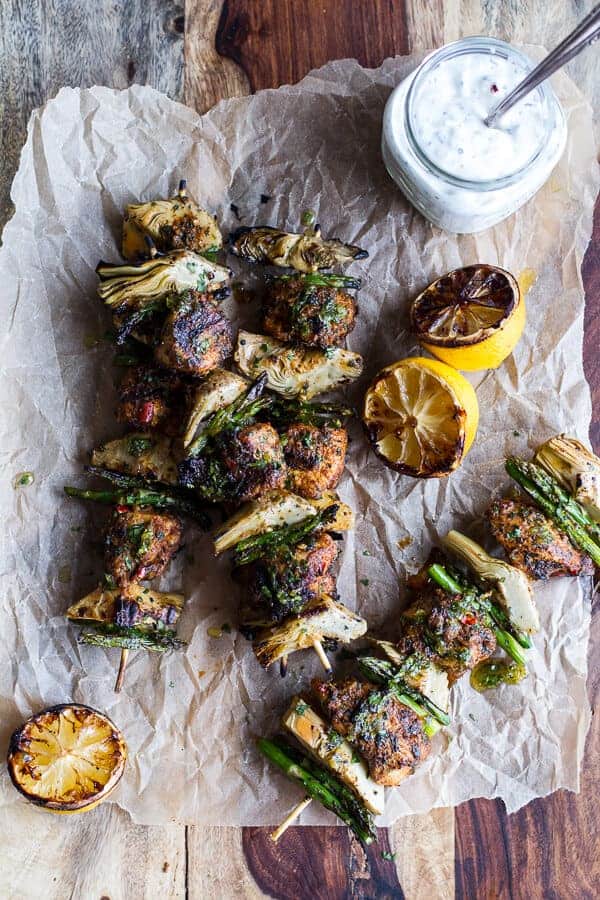 Spring Veggie + Lemon Moroccan Chicken Skewers with Minted Goat Cheese Yogurt | halfbakedharvest.com