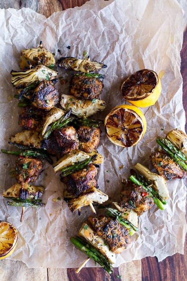Spring Veggie + Lemon Moroccan Chicken Skewers with Minted Goat Cheese Yogurt | halfbakedharvest.com