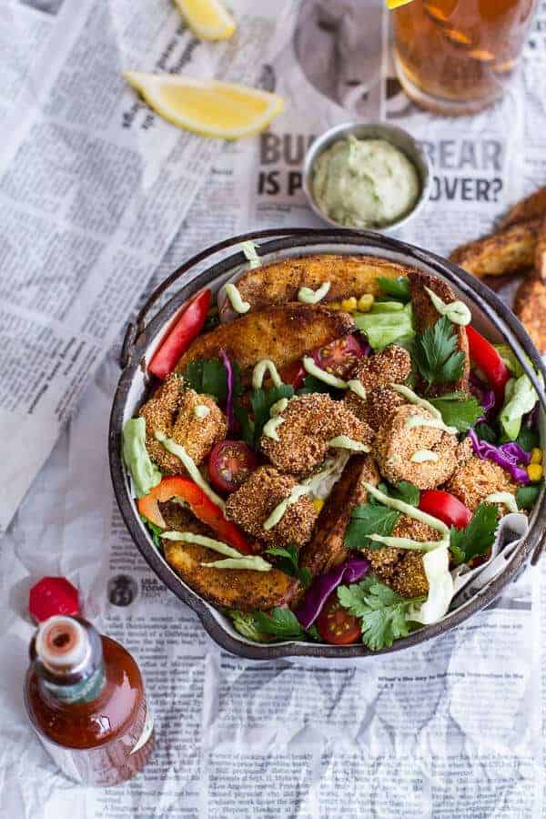 Cajun Shrimp 'n' Chips Po Boy Salad with Avocado Tarter Sauce | halfbakedharvest.com