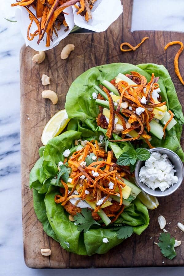 Curried Salmon Burger Lettuce Wraps w-Crispy Sweet Potato Straws + Goat cheese | halfbakedharvest.com