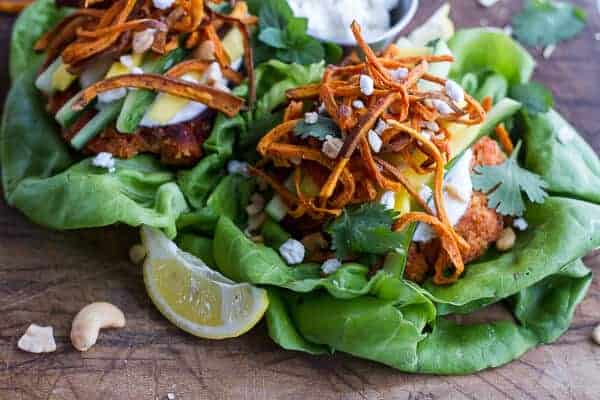 Curried Salmon Burger Lettuce Wraps w-Crispy Sweet Potato Straws + Goat cheese | halfbakedharvest.com