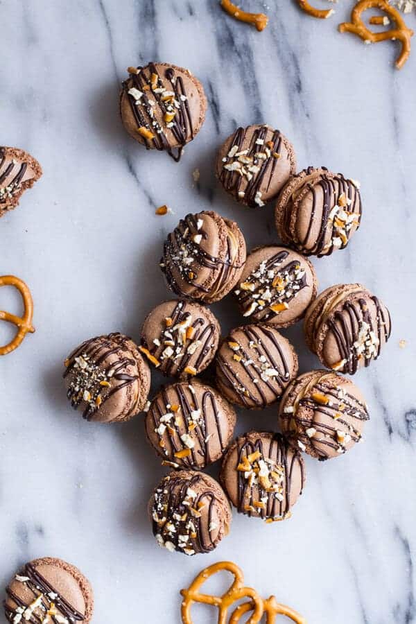 Frozen Hot Fudge and Peanut Butter Swirled Pretzel Macarons | halfbakedharvest.com
