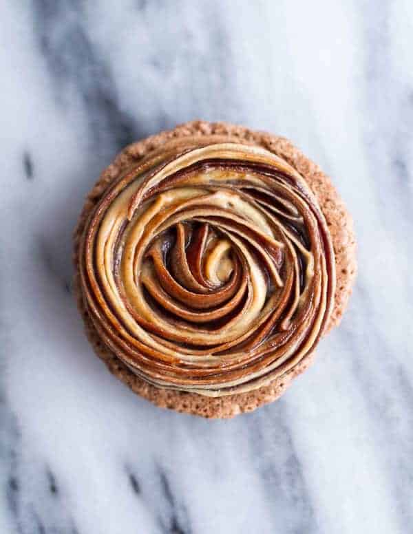 Frozen Hot Fudge and Peanut Butter Swirled Pretzel Macarons | halfbakedharvest.com