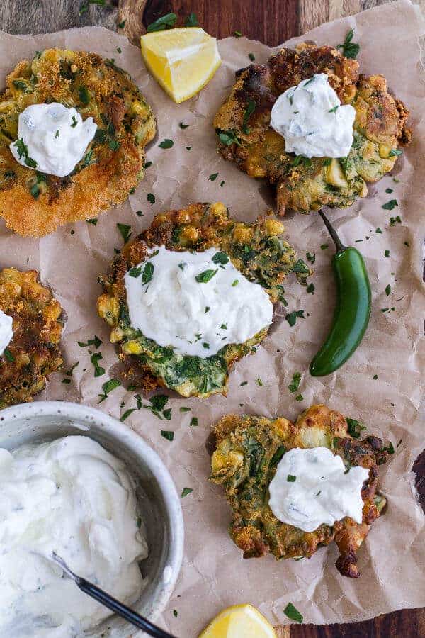 Spinach and Artichoke Corn Fritters with Brie and Sweet Honey Jalapeño Cream | halfbakedharvest.com