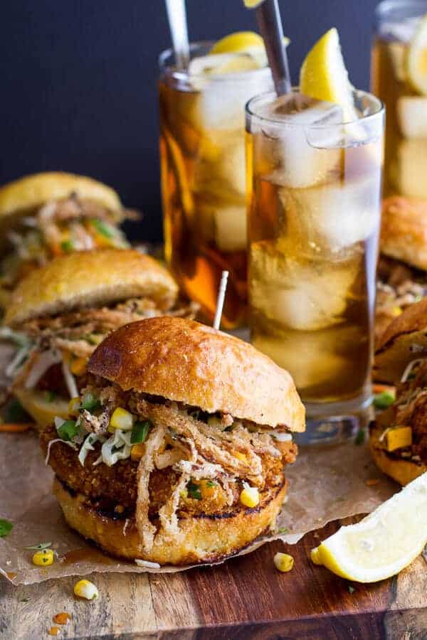 Sweet Tea Oven-Fried Chicken Sliders w- Jalapeño Cheddar Corn Slaw + Crispy Onions | halfbakedharvest.com